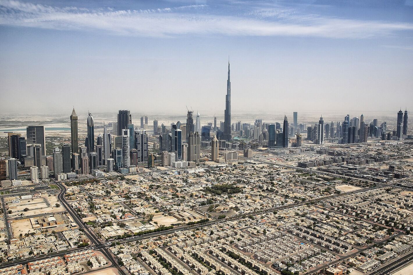 Dubai skyline with the Burj Khalifa at sunset